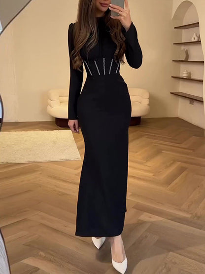 Bodycon Long Sleeves Pleated Color Tied Zipper Mock Neck Maxi Dresses