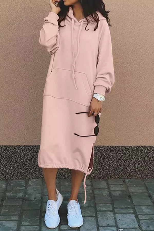 Color Hooded Lace-up Pocket Sweatshirt Style Midi Dress
