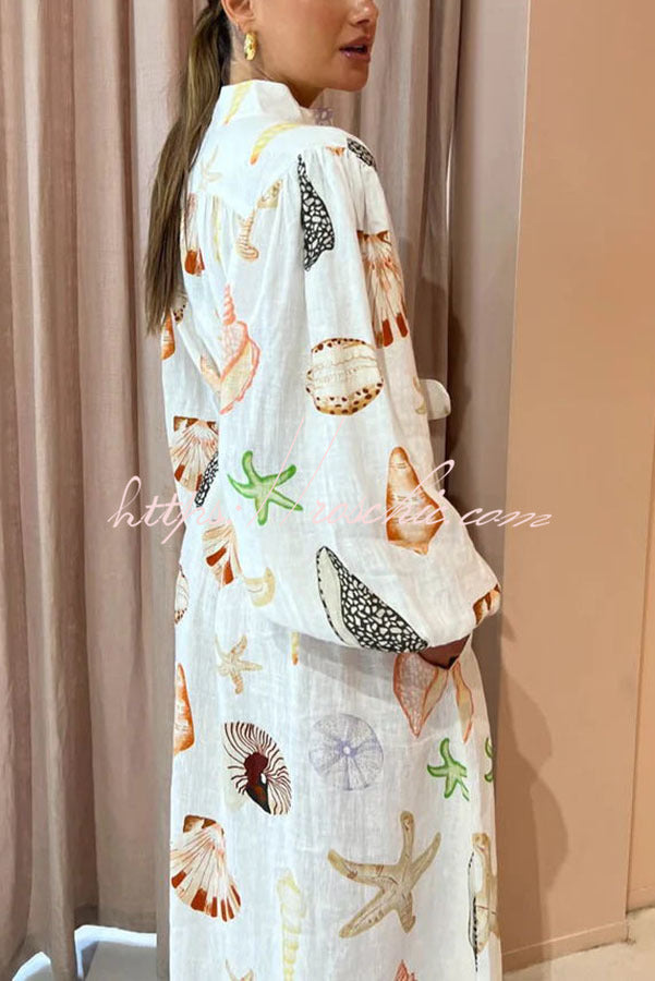 Swinton Marine Element Print Pocket Balloon Sleeve Belted Maxi Dress