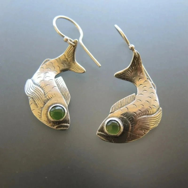 Vintage Fish Green Stone Earrings