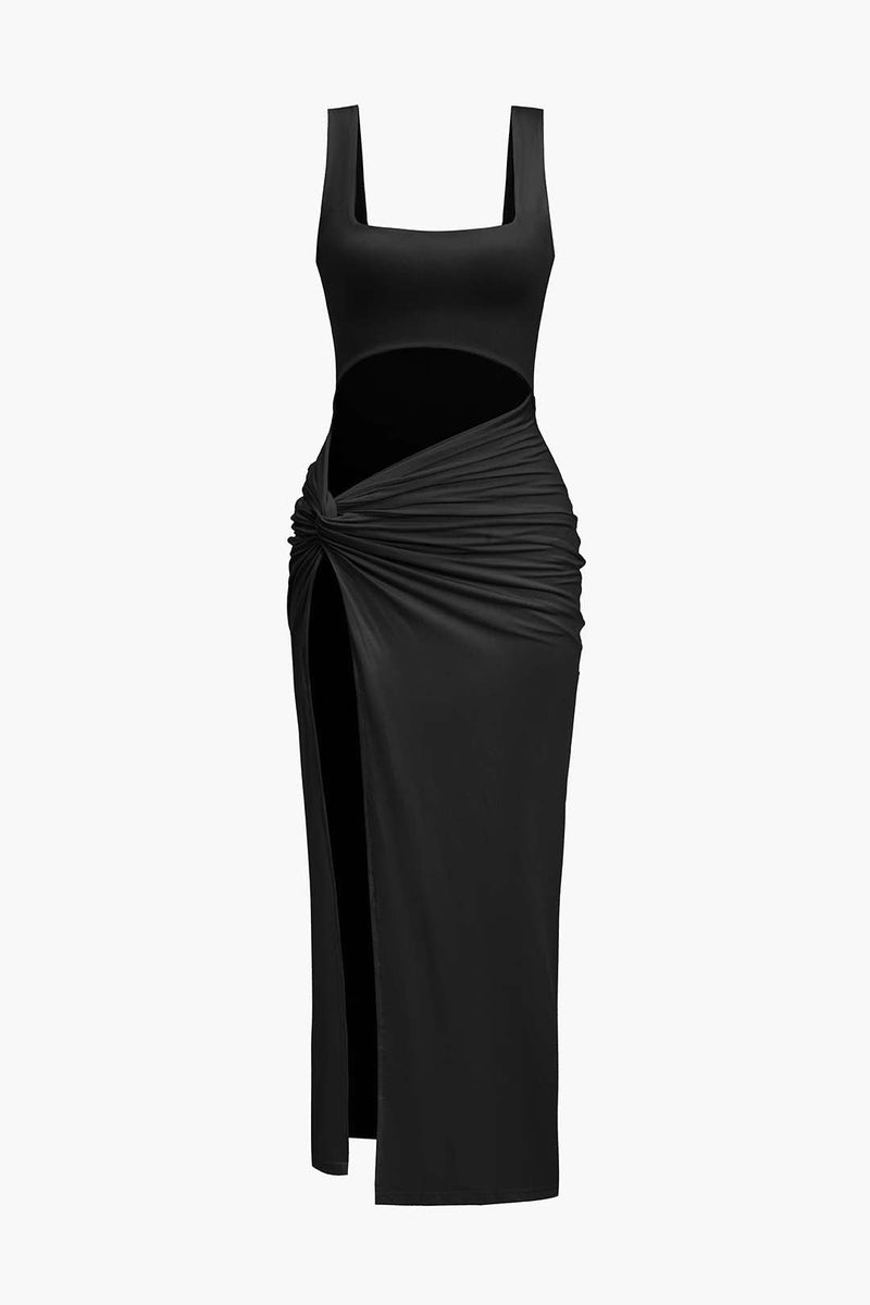 Color Y2k Twist Front Cut Out Slit Midi Dress