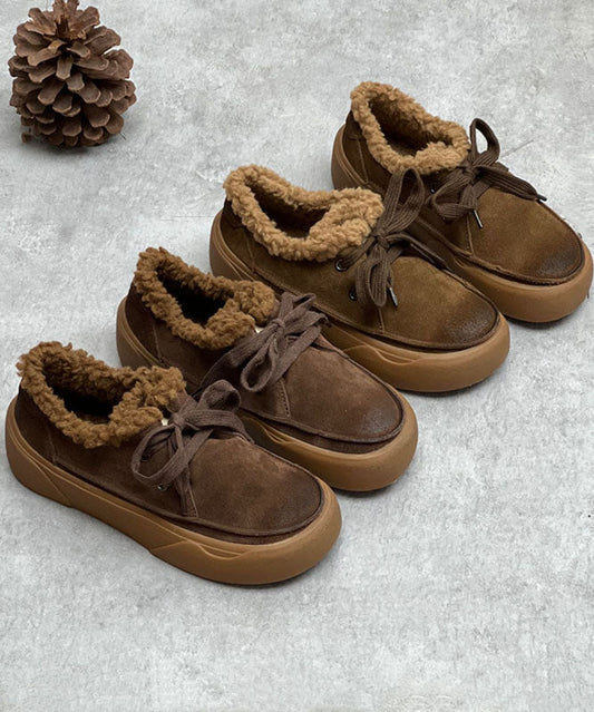 Coffee Flats Lace Up Flat Shoes for Fuzzy Wool Lined