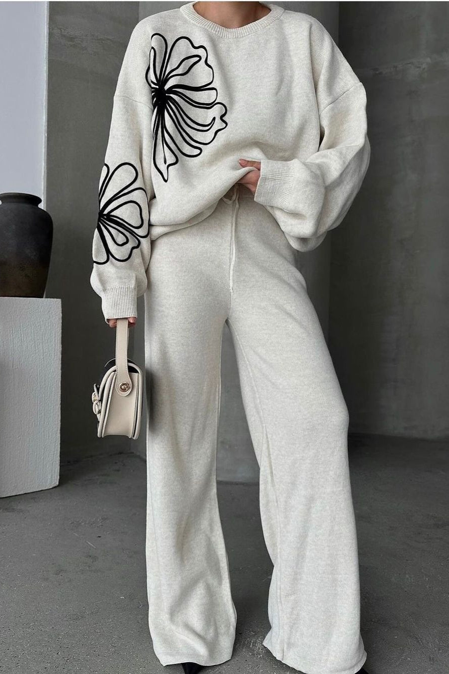 Round Neck Knit Sweater With Pants Two Piece Pants Set