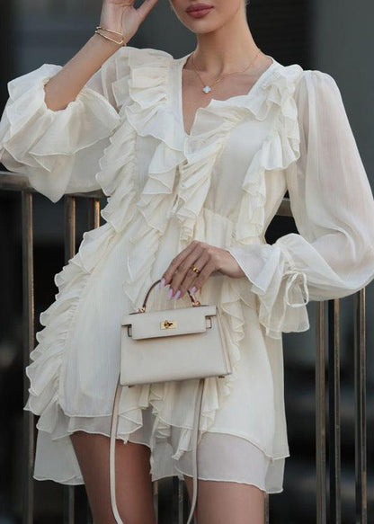 Ruffled V-neck Long Sleeve A-line Dress