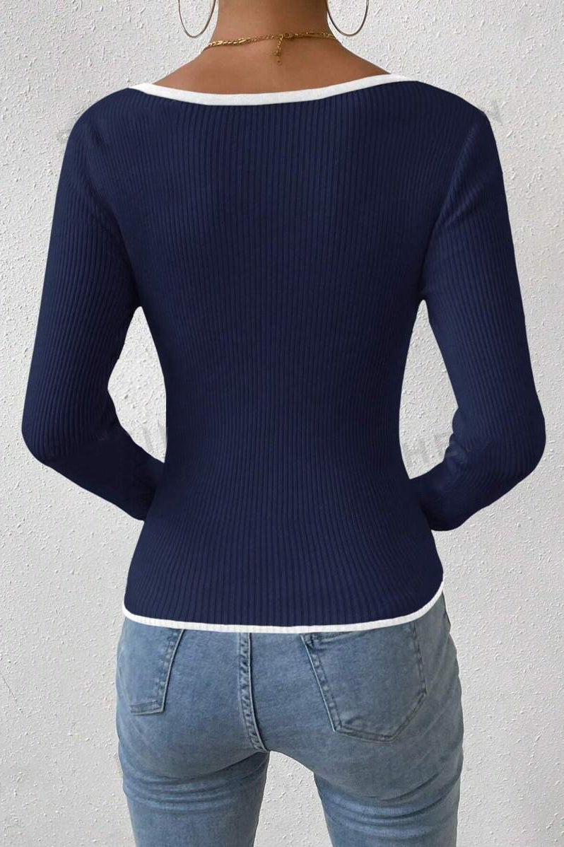 V-neck Ribbed Fitted Knit Sweater