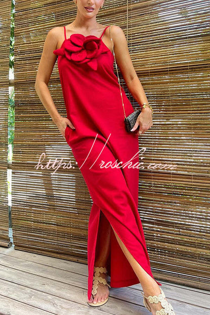 Vacay Ready Linen Blend Embellishment Pocketed Slit Maxi Dress