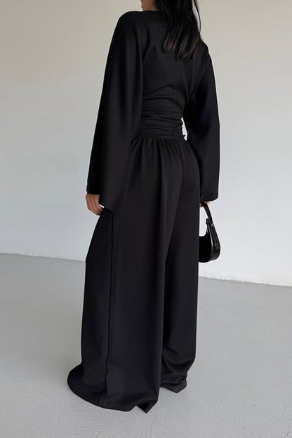 Cinched Waist Flared Sleeve Top Palazzo Pants Set