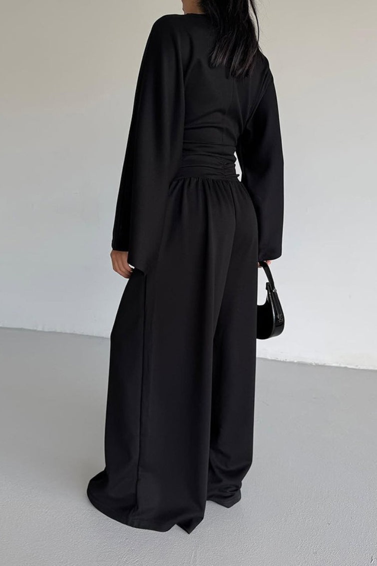 Cinched Waist Flared Sleeve Top Palazzo Pants Set