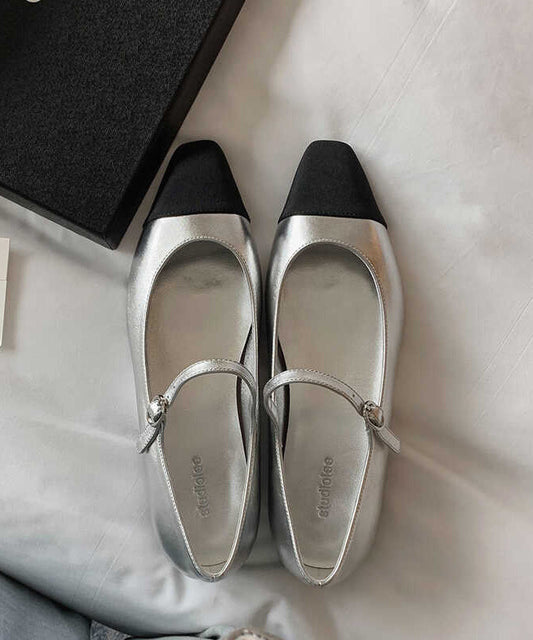 French Silver Square Toe Buckle Strap Splicing Flat Shoes