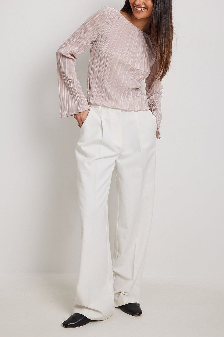 Pleated Slim Flared-sleeve Back-tie Blouse