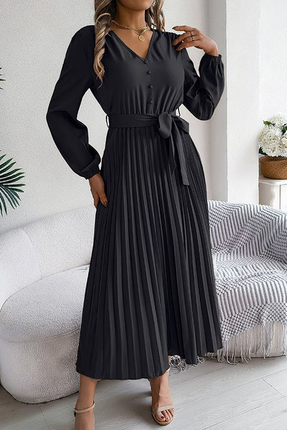 Color V-neck Buttoned Lace-up Pleated Maxi Dress