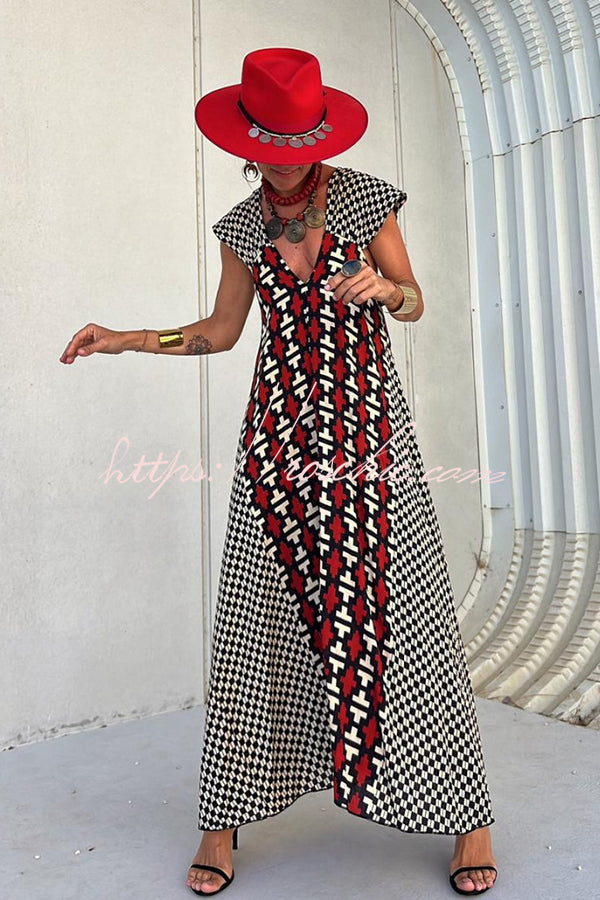 Fresh Breeze Unique Print Ruffle Sleeve A-line Maxi Dress