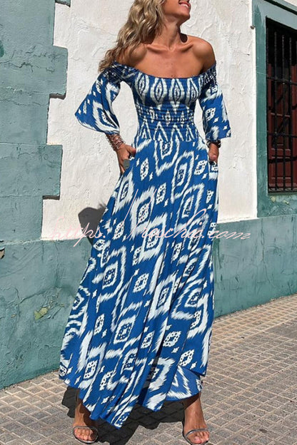 Close to the Vacation Print Smocked Off Shoulder Pocketed Maxi Dress