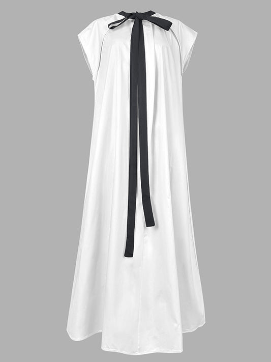 A-line Loose Pleated Tied Round-neck Midi Dresses