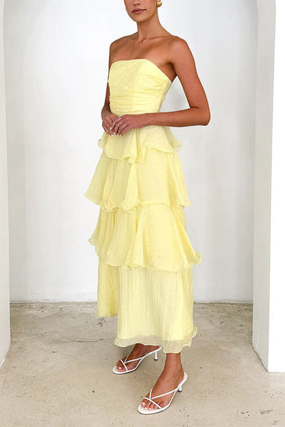 Moxidress Strapless Empire Waist Ruffle Layered Maxi Dress