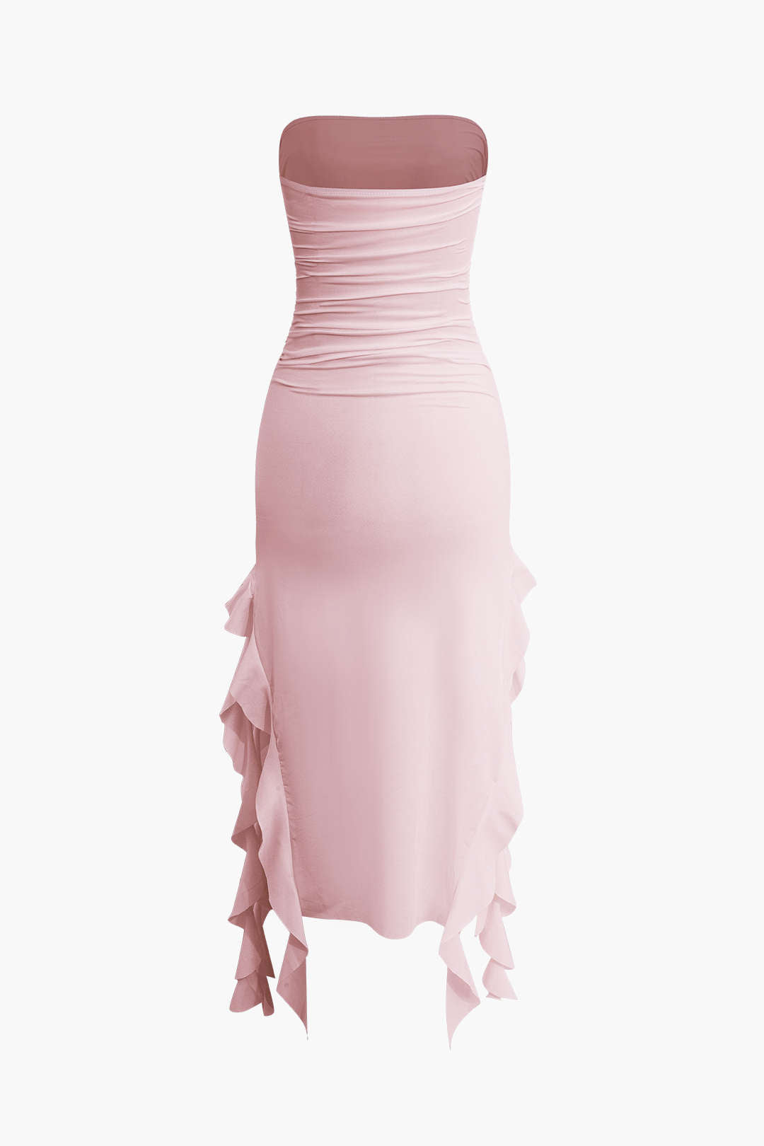 Color French Ruffle Hem Ruched Tube Maxi Dress