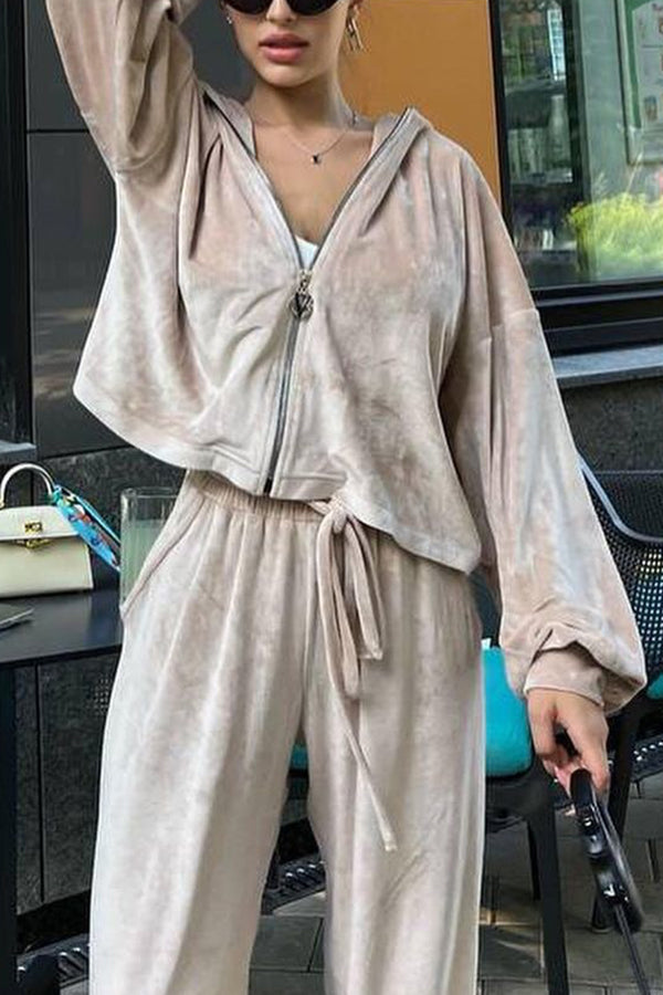 Velvet Zip-up Hooded Top and Elastic Waist Wide Leg Pants Set