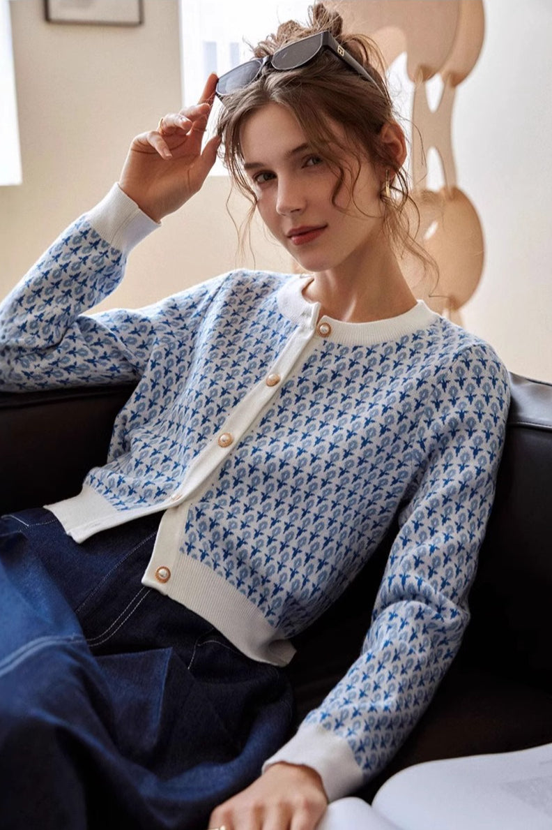 Light Blue Crew Neck Long Sleeve Short Cardigan