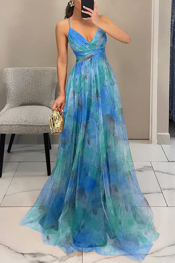 ' Summer Princess Chiffon Printed Hollow Waist and Back Lace Up Long Dress