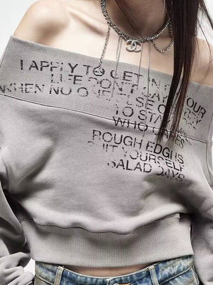 Gray Letter Print Off Shoulder Sweatshirt