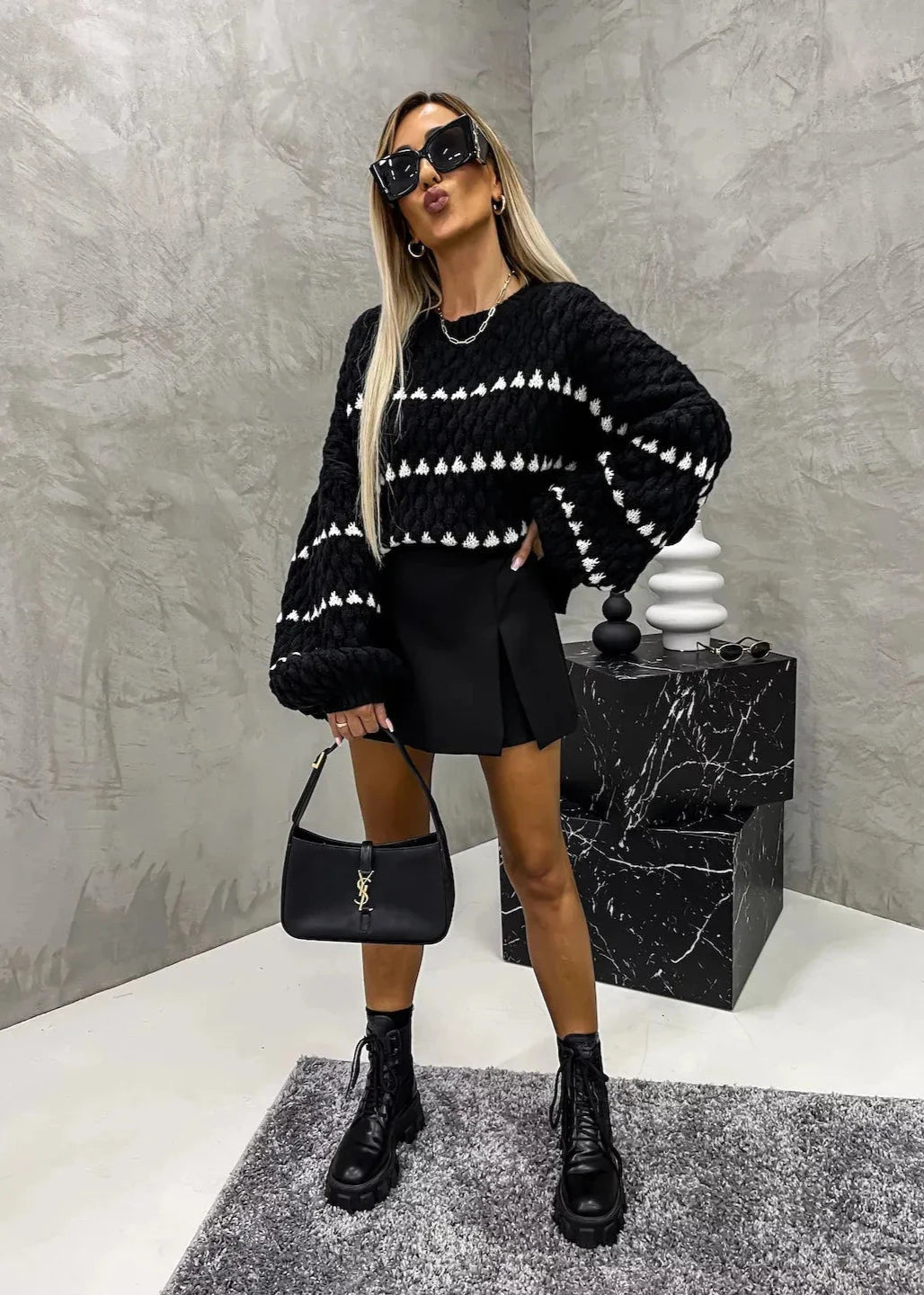 Oversized Thick Knit Twist Stripe Pullover - Sweater