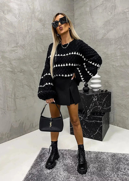 Oversized Thick Knit Twist Stripe Pullover - Sweater