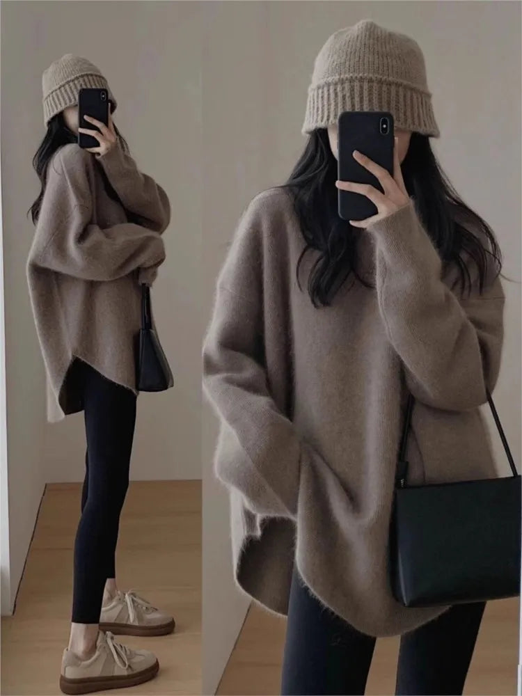 Oversized Knitted Sweater Autumn Winter O-neck Korean Mid Length Loose Pullover Knitwear Top