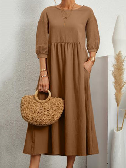 11 Colors Simple Round-neck Color Midi Dress