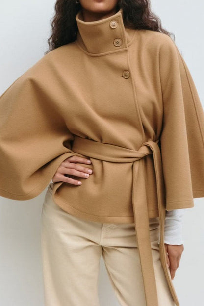 Cape Stand Collar Buttoned Waist-tied Trench Coat