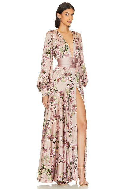 Satin V-neck Lantern Sleeve Maxi Dress