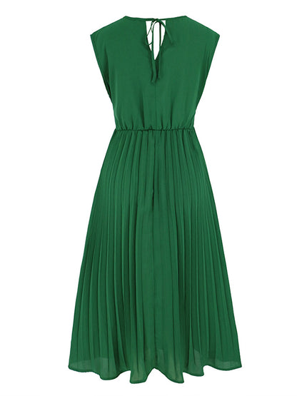 Sleeveless Pleated Color Tied Waist V-neck Midi Dresses