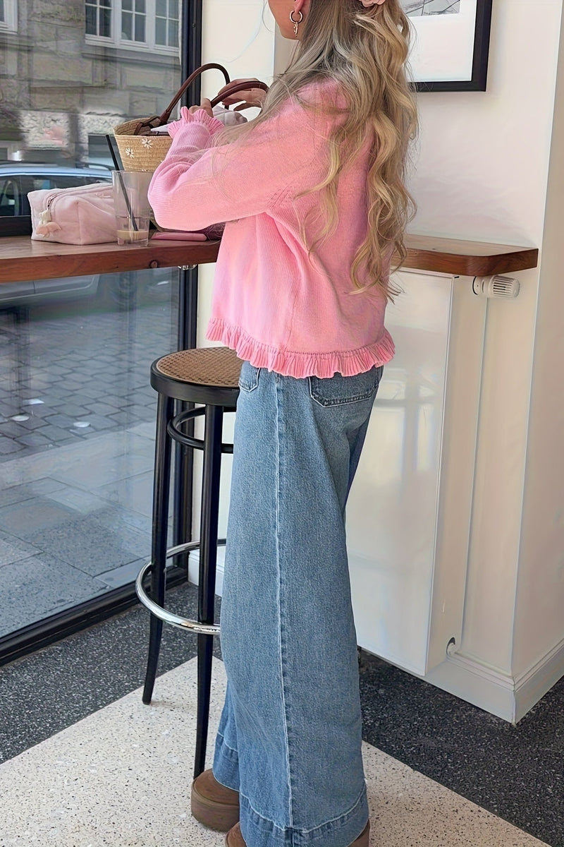 Relaxed Lace Trim Long Sleeve Knit Cardigan