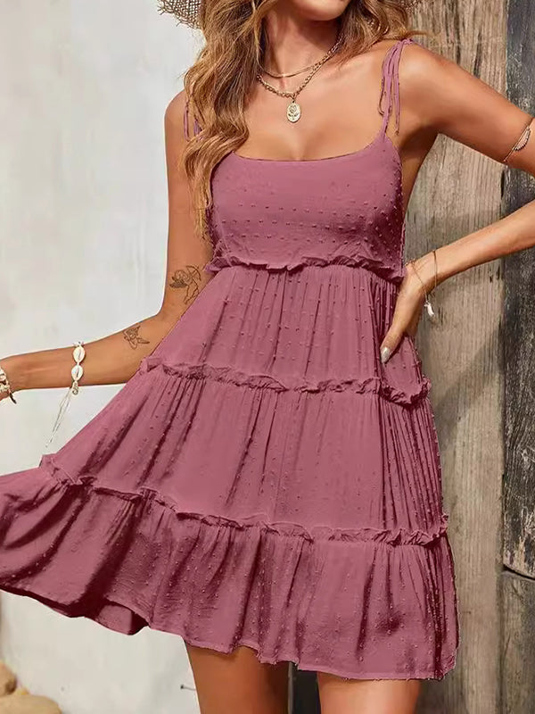 A-line Loose Jacquard Layered Pleated Color Split-joint Spaghetti-neck Mini Dresses
