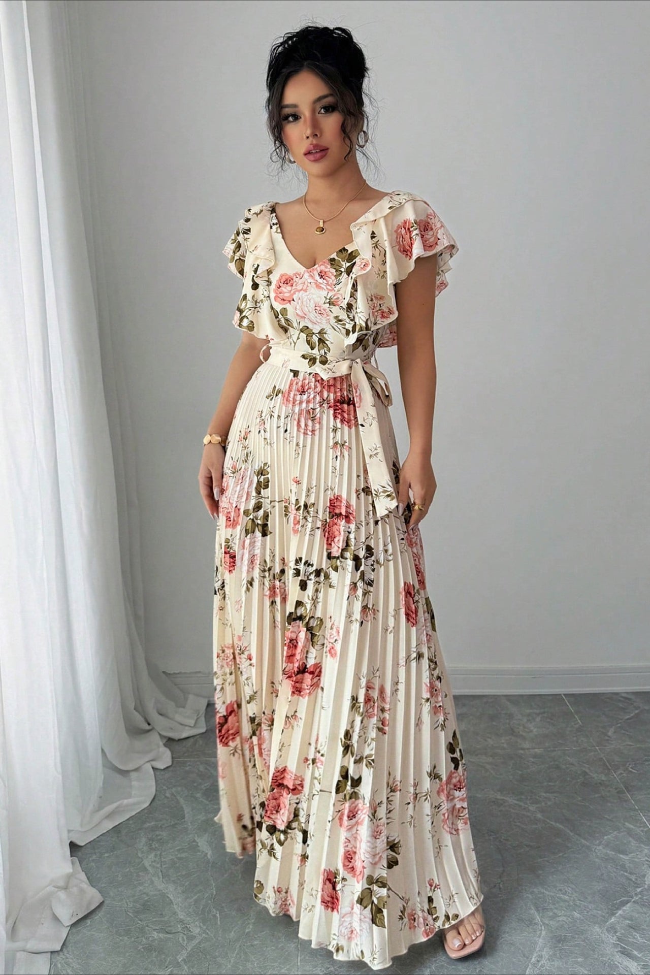 Print Ruffle Sleeve V Neck Pleated Maxi Dress