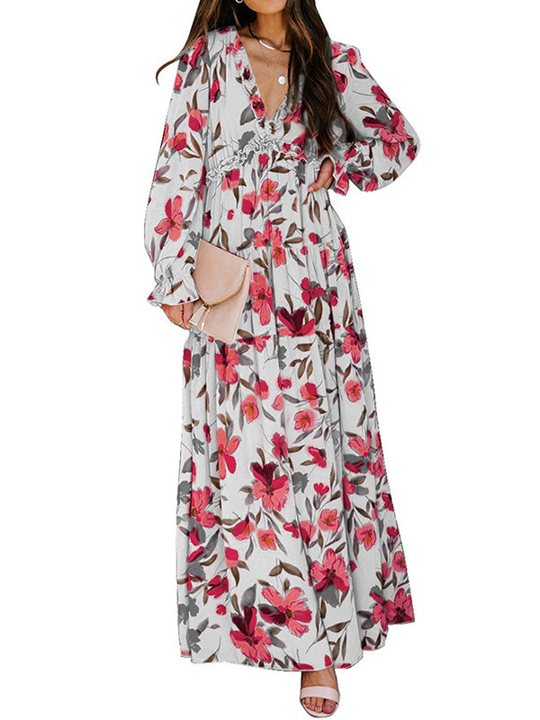 High Waisted Long Sleeves Flower Print Pleated Ruffled V-neck Maxi Dresses