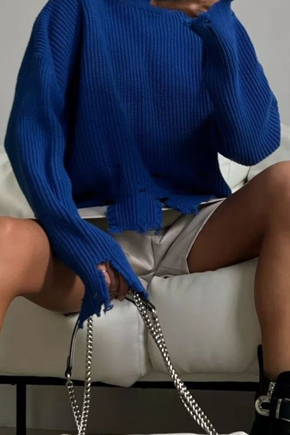 Edgy Distressed Crew Neck Sweater