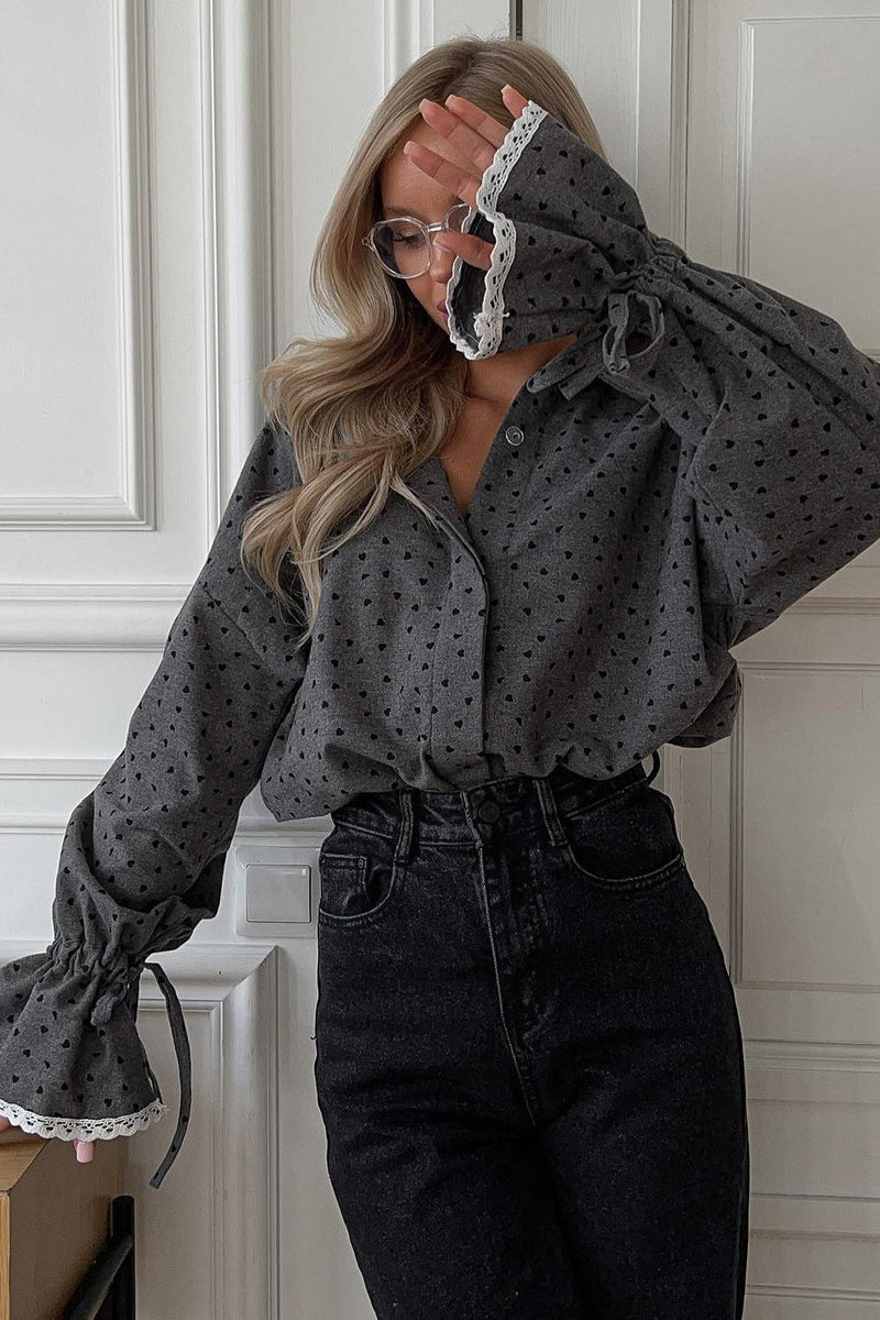 Heart Print Lace Trimmed Blouse