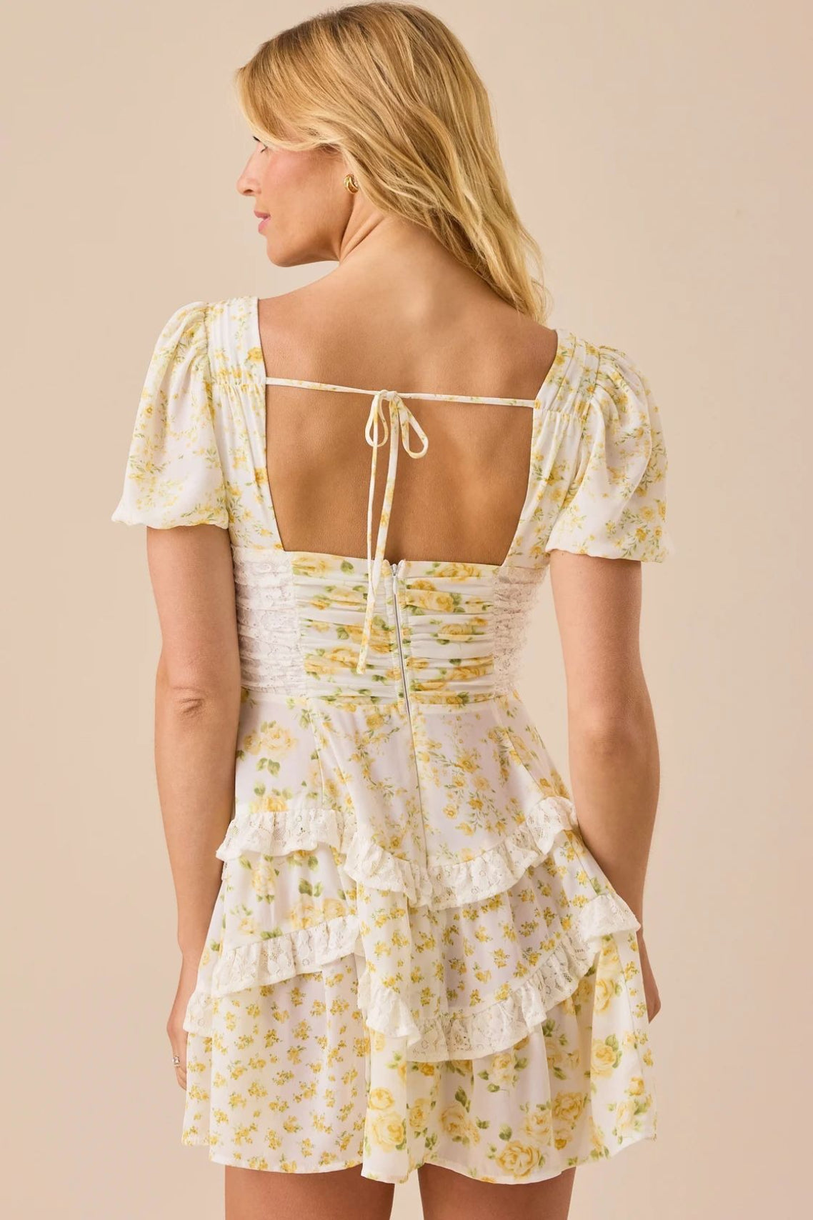 Lace Patchwork V Neck Puff Short Sleeve Mini Dress