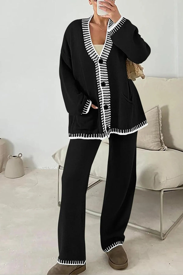 Knitted Long Sleeve Pocket Cardigan and Elastic Waist Loose Wide Leg Pants Set