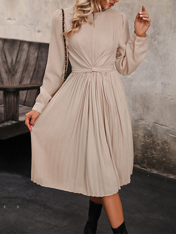 Long Sleeves Loose Pleated Color Split-joint Tied Waist Round-neck Midi Dresses