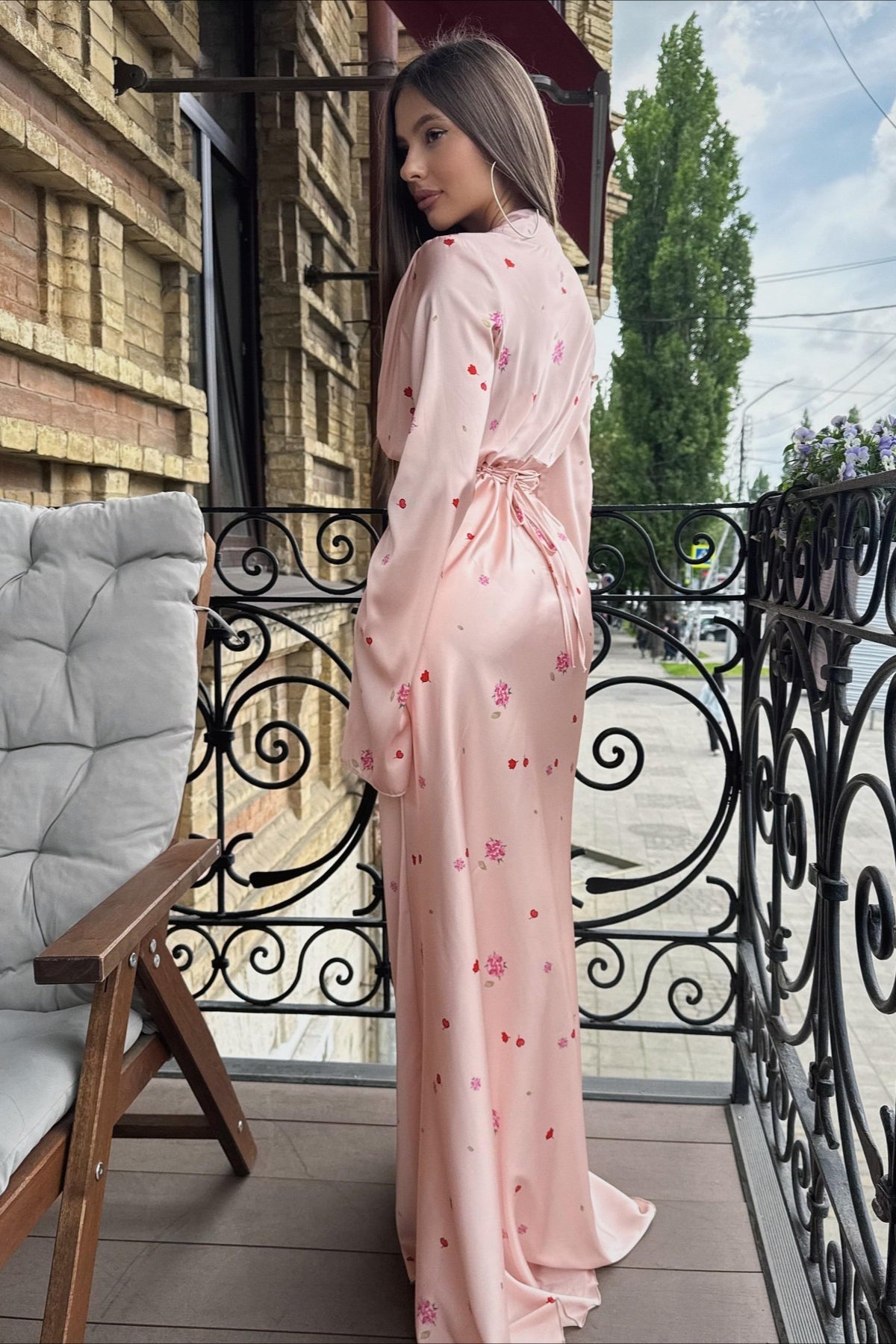 Satin V Neck Flared Hem Maxi Dress