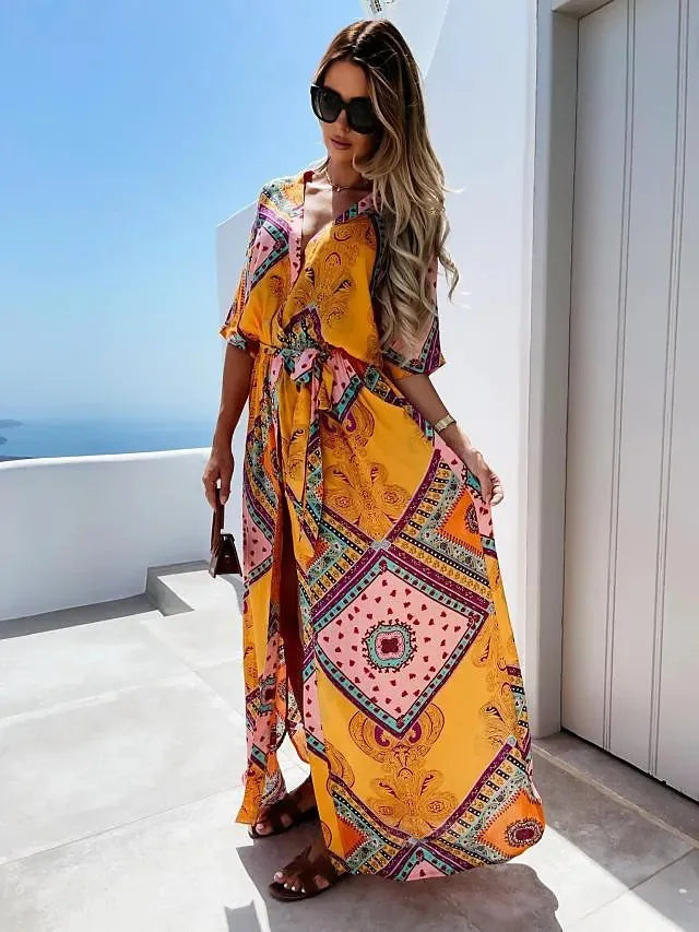 Summer Printed Long Dresses V-neck Beach Vacation Style High Waist Leace-up Slit Dress Female Vestidos
