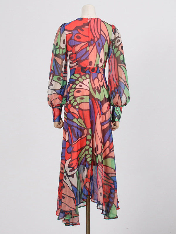 High Waisted Long Sleeves Buttoned Printed Split-joint V-neck Midi Dresses