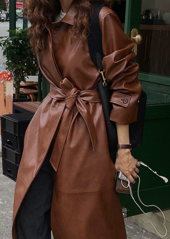 Brown Belted Leather Trench Coat - Single-breasted