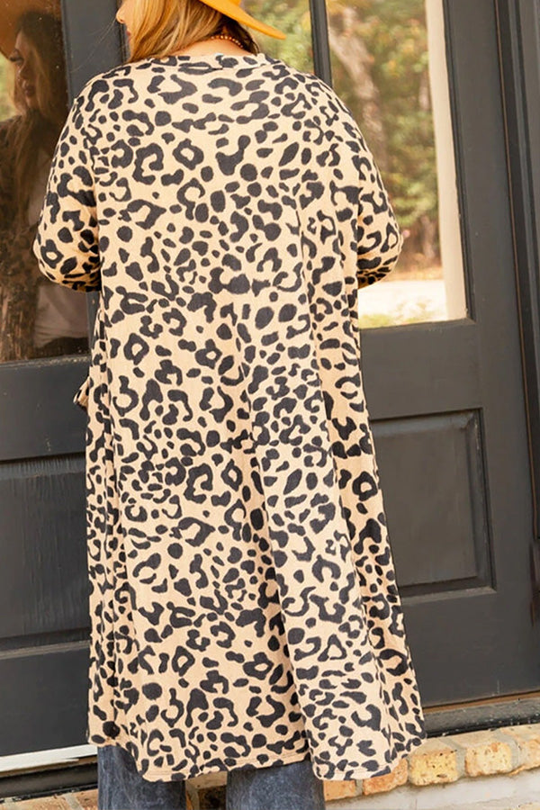 Leopard Open Front Pocketed Long Cardigan