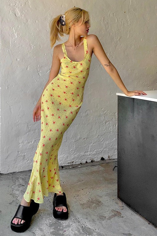 U Neck Print Ruched Cami Maxi Dress