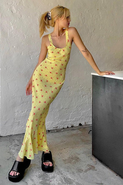 U Neck Print Ruched Cami Maxi Dress
