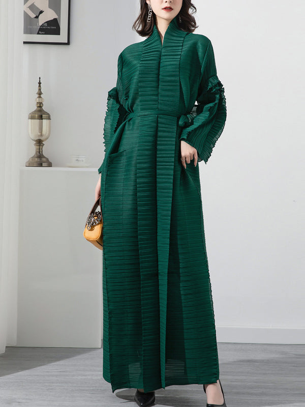 Long Sleeves Loose Tied Pleated Stand Collar Midi Dresses