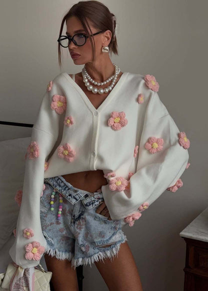Blush Bloom - 3d Knit Cardigan With V-neck
