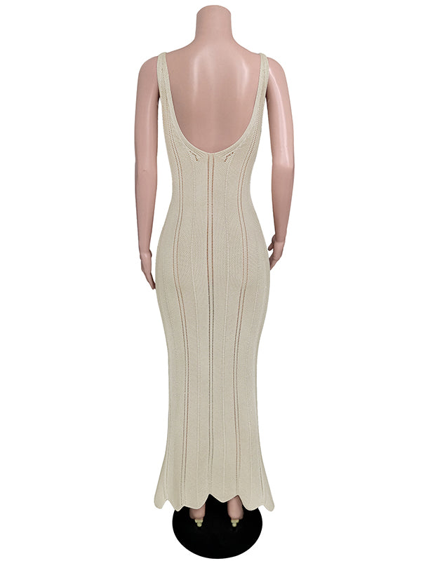 Skinny Sleeveless Backless Hollow See-through Color Split-joint Wide Straps Maxi Dresses